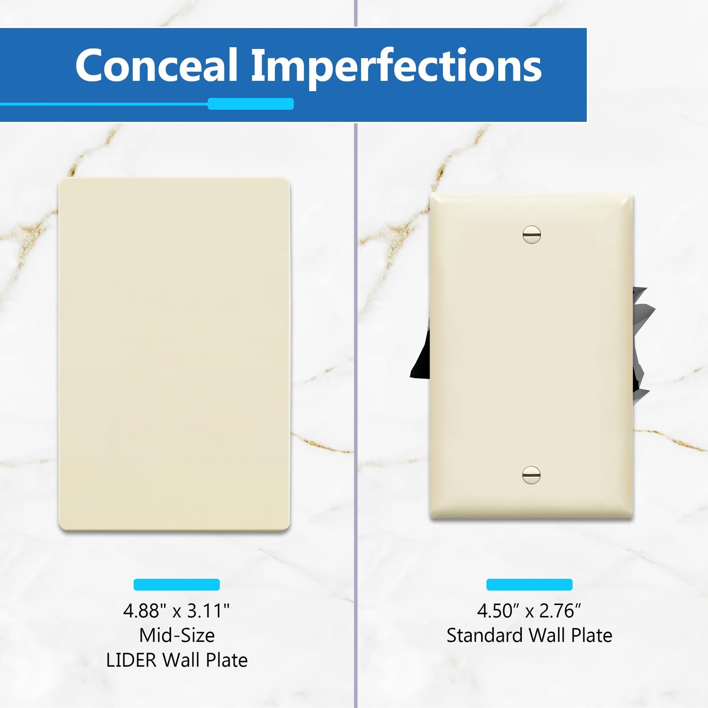 Screwless Blank Wall Plate, Polycarbonate Thermoplastic, Temperature and Impact Resistant, 1-Gang, Mid-Size