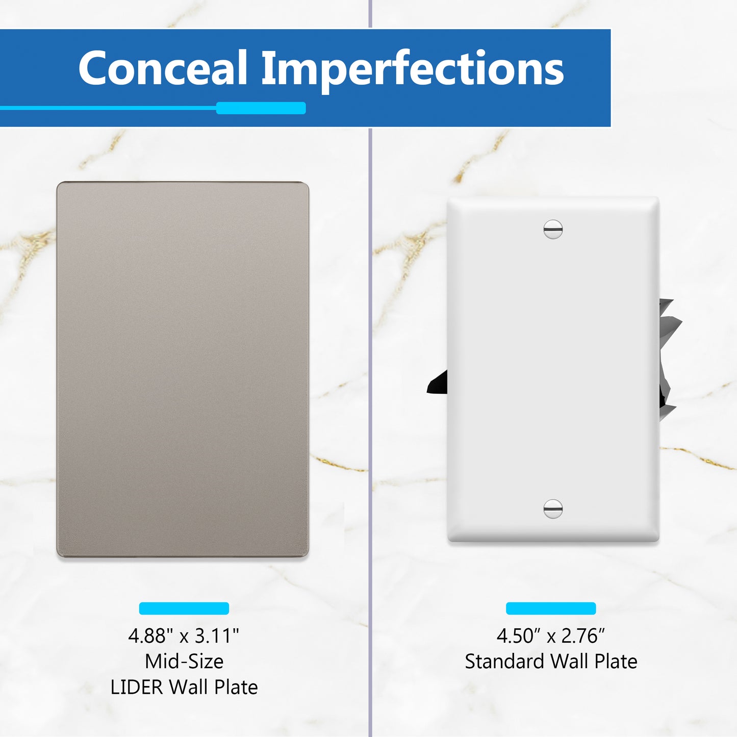 Screwless Blank Wall Plate, Polycarbonate Thermoplastic, Temperature and Impact Resistant, 1-Gang, Mid-Size