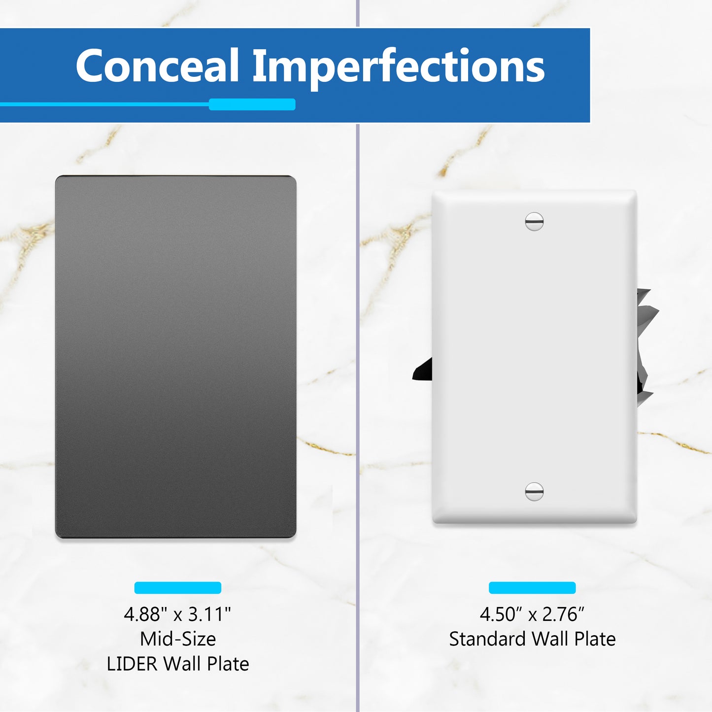Screwless Blank Wall Plate, Polycarbonate Thermoplastic, Temperature and Impact Resistant, 1-Gang, Mid-Size