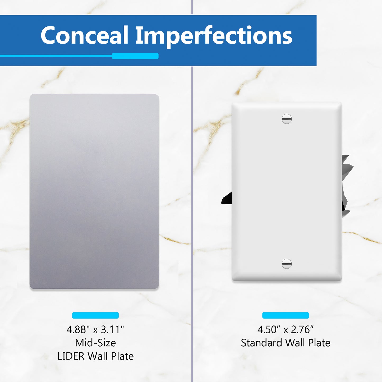 Screwless Blank Wall Plate, Polycarbonate Thermoplastic, Temperature and Impact Resistant, 1-Gang, Mid-Size