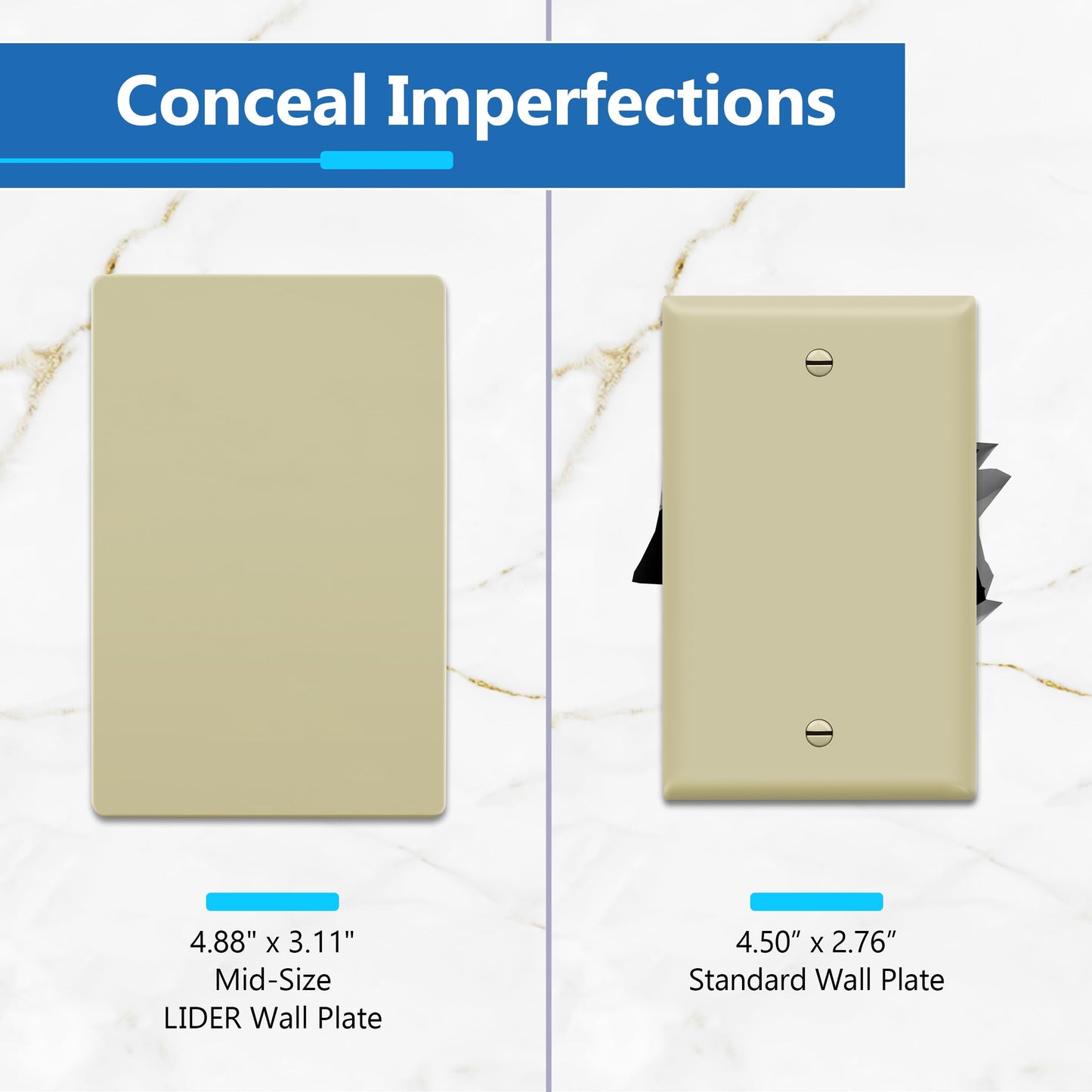 Screwless Blank Wall Plate, Polycarbonate Thermoplastic, Temperature and Impact Resistant, 1-Gang, Mid-Size