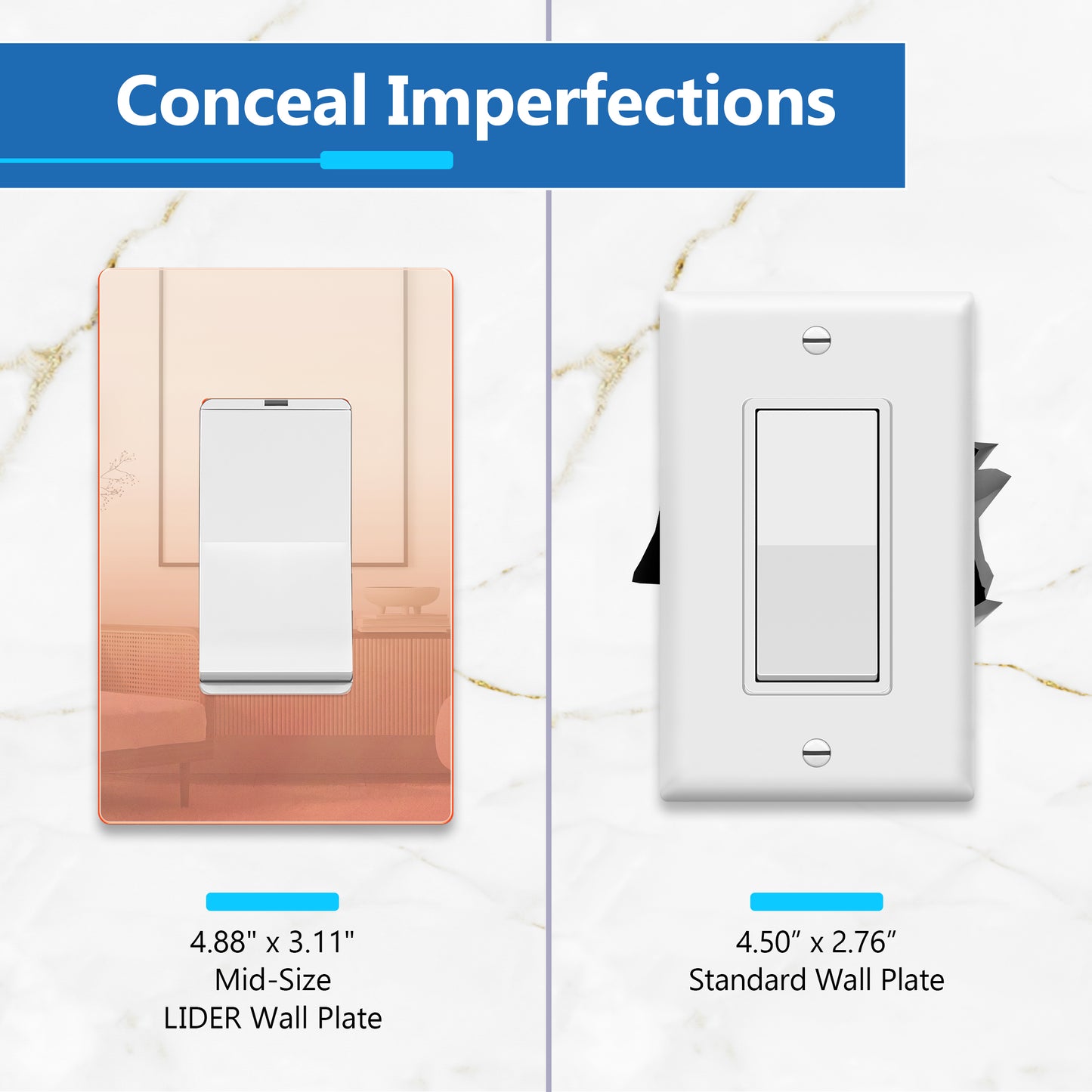Decorator Screwless Wall Plate, Polycarbonate Thermoplastic/Mirrored Acrylic, Temperature and Impact Resistant, 1-Gang, Mid-Size