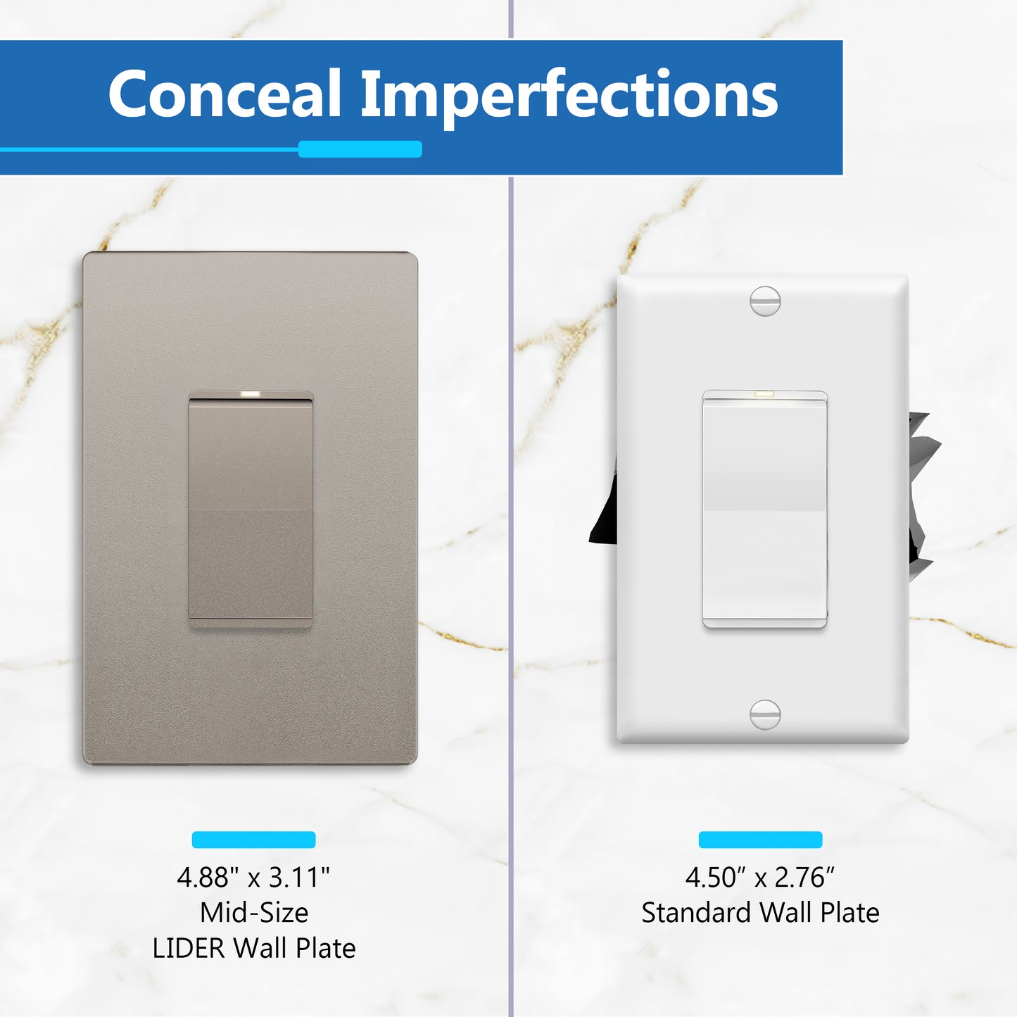 Decorator Screwless Wall Plate, Polycarbonate Thermoplastic/Mirrored Acrylic, Temperature and Impact Resistant, 1-Gang, Mid-Size