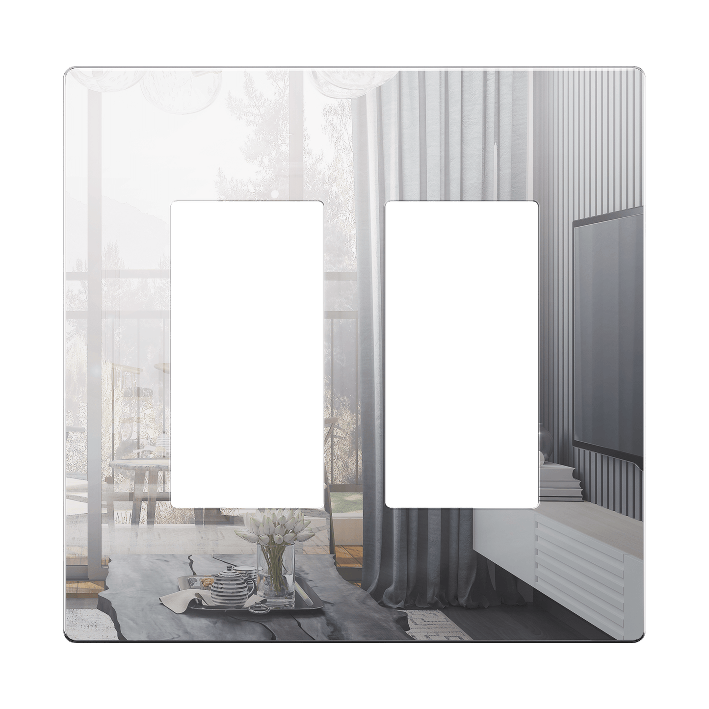 Decorator Screwless Wall Plate, Polycarbonate Thermoplastic/Mirrored Acrylic, Temperature and Impact Resistant, 2-Gang, Mid-Size