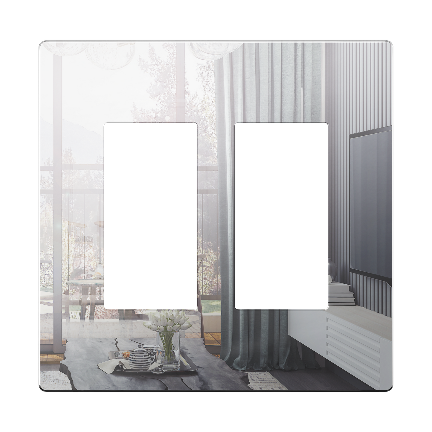 Decorator Screwless Wall Plate, Polycarbonate Thermoplastic/Mirrored Acrylic, Temperature and Impact Resistant, 2-Gang, Mid-Size