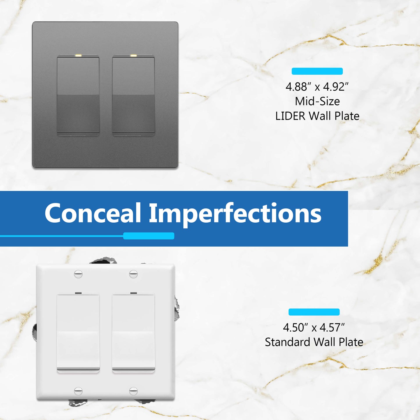 Decorator Screwless Wall Plate, Polycarbonate Thermoplastic/Mirrored Acrylic, Temperature and Impact Resistant, 2-Gang, Mid-Size