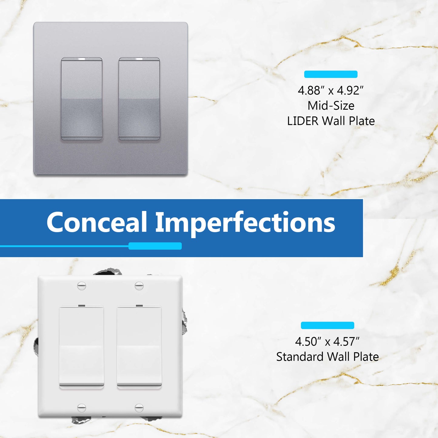 Decorator Screwless Wall Plate, Polycarbonate Thermoplastic/Mirrored Acrylic, Temperature and Impact Resistant, 2-Gang, Mid-Size