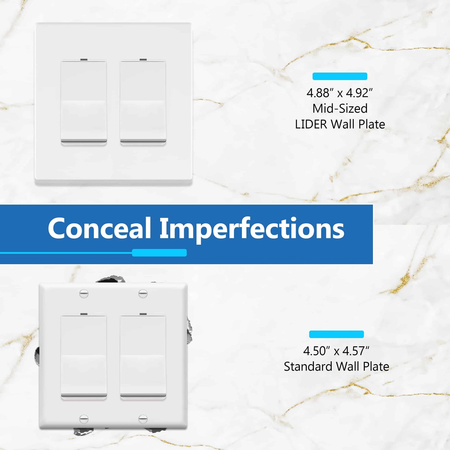 Decorator Screwless Wall Plate, Polycarbonate Thermoplastic/Mirrored Acrylic, Temperature and Impact Resistant, 2-Gang, Mid-Size