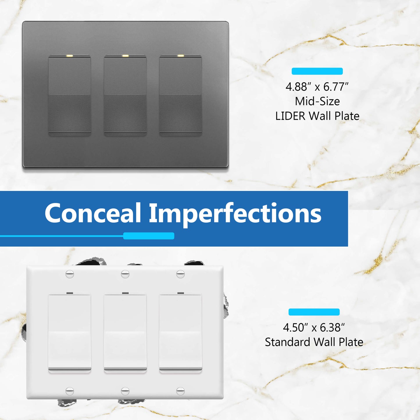 Decorator Screwless Wall Plate, Polycarbonate Thermoplastic/Mirrored Acrylic, Temperature and Impact Resistant, 3-Gang, Mid-Size