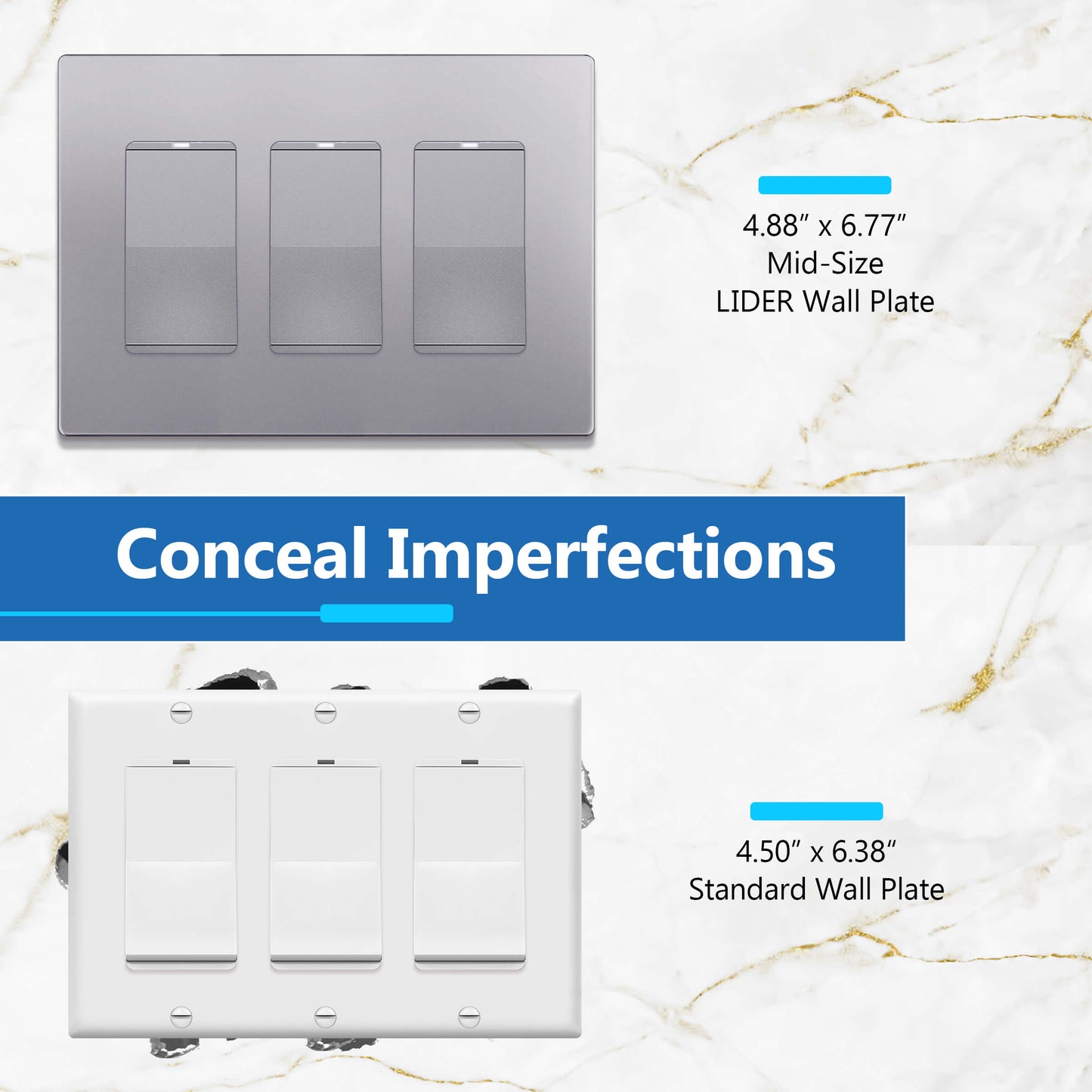 Decorator Screwless Wall Plate, Polycarbonate Thermoplastic/Mirrored Acrylic, Temperature and Impact Resistant, 3-Gang, Mid-Size