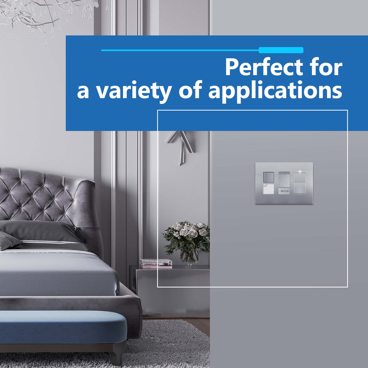 Decorator Screwless Wall Plate, Polycarbonate Thermoplastic/Mirrored Acrylic, Temperature and Impact Resistant, 3-Gang, Mid-Size