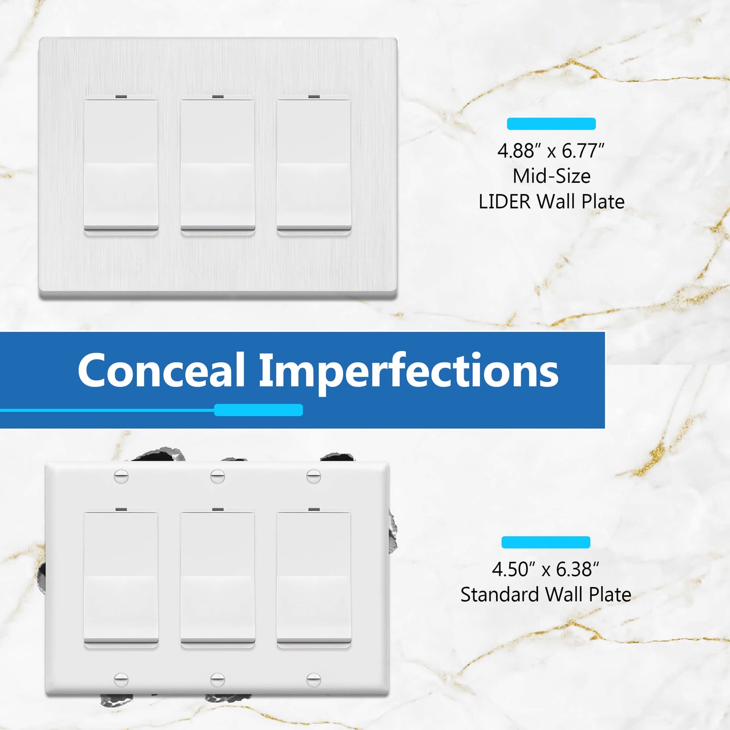 Decorator Screwless Wall Plate, Polycarbonate Thermoplastic/Mirrored Acrylic, Temperature and Impact Resistant, 3-Gang, Mid-Size