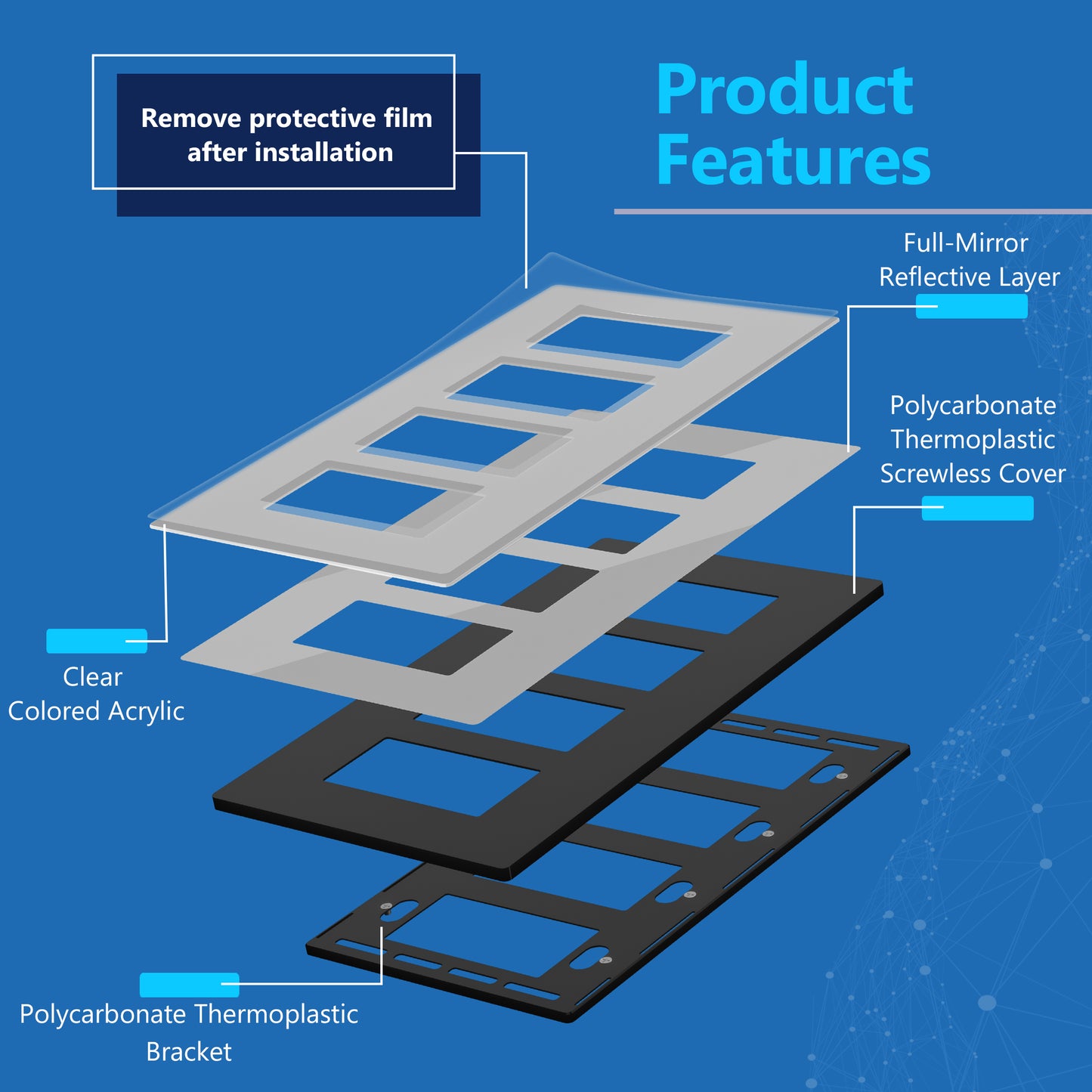 Screwless Acrylic Decorator Wall Plate, 4-Gang, Mid-Size