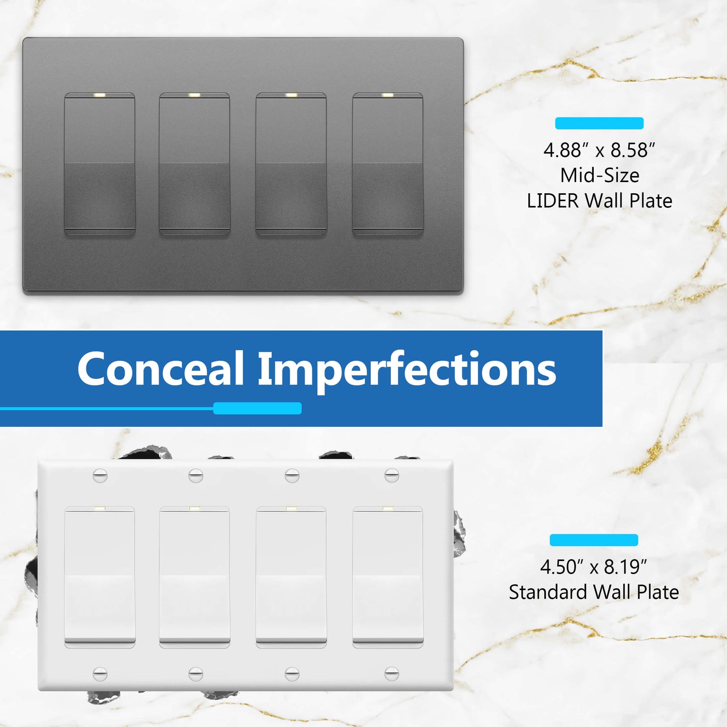 Decorator Screwless Wall Plate, Polycarbonate Thermoplastic/Mirrored Acrylic, Temperature and Impact Resistant/, 4-Gang, Mid-Size