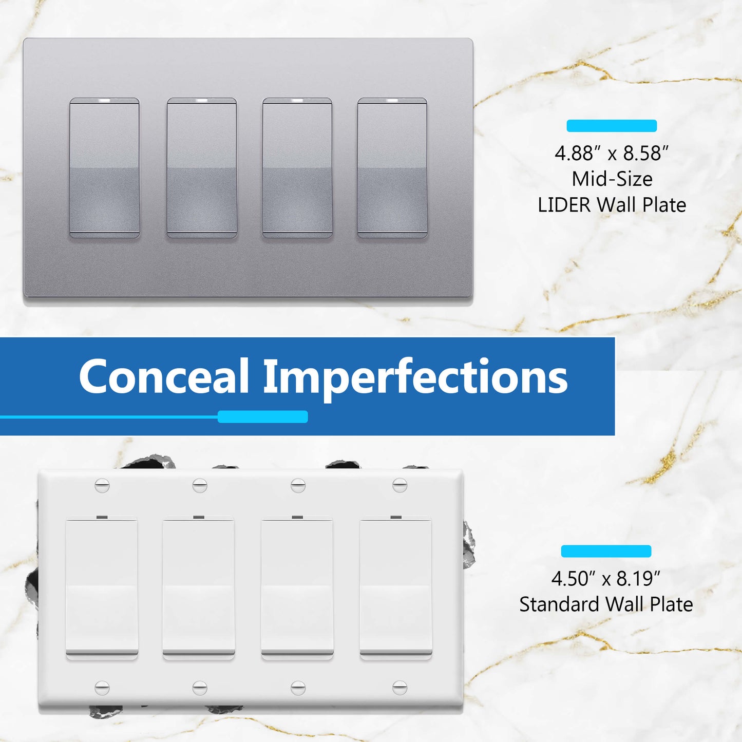 Decorator Screwless Wall Plate, Polycarbonate Thermoplastic/Mirrored Acrylic, Temperature and Impact Resistant/, 4-Gang, Mid-Size