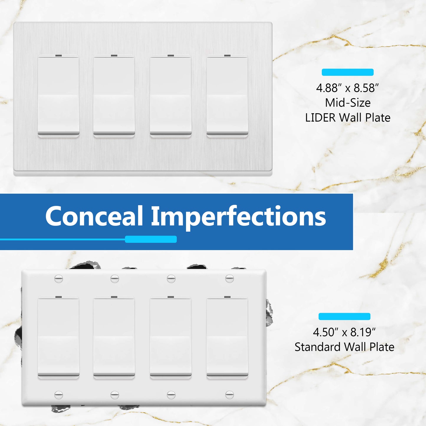 Decorator Screwless Wall Plate, Polycarbonate Thermoplastic/Mirrored Acrylic, Temperature and Impact Resistant/, 4-Gang, Mid-Size