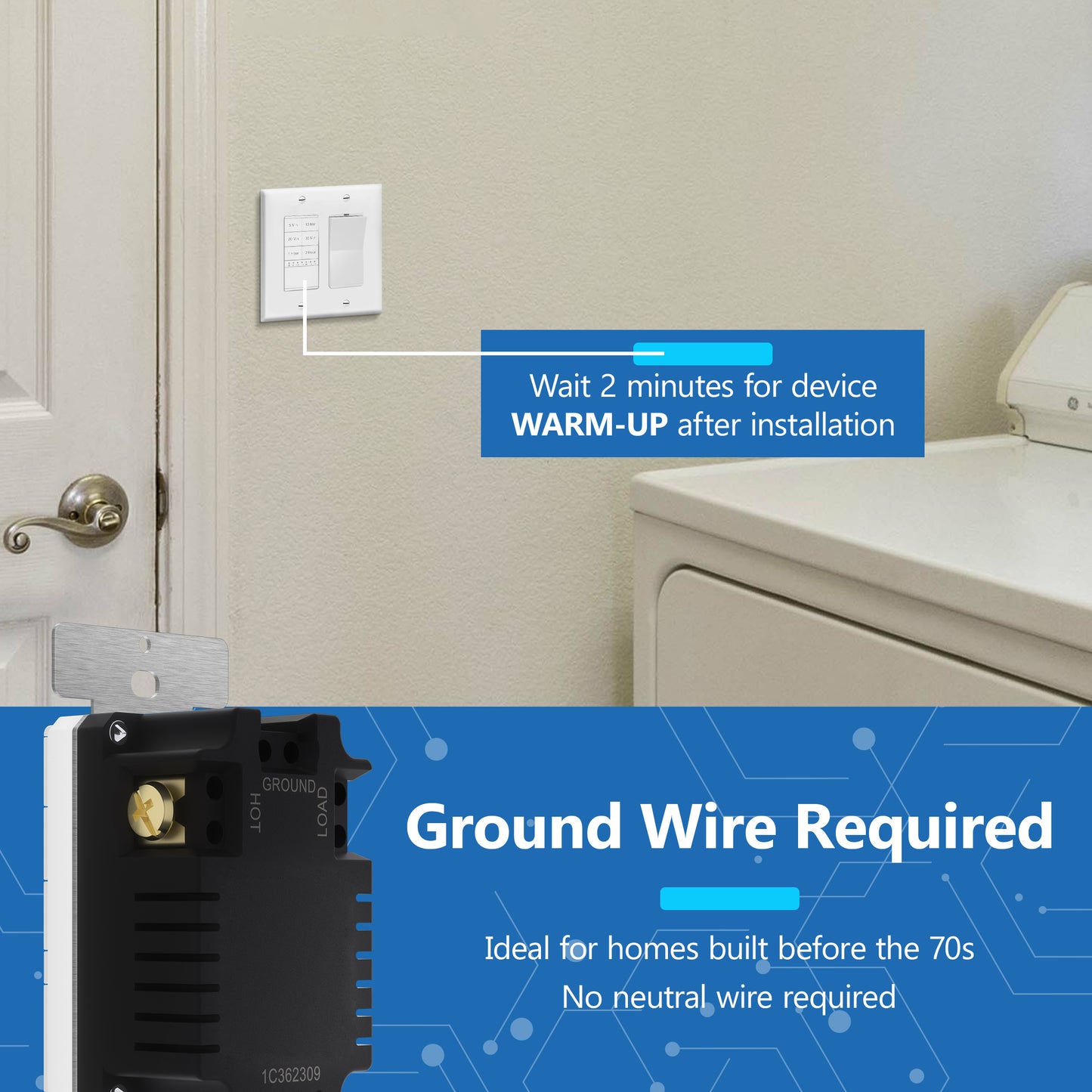 2-Hour Countdown Timer Switch, In-Wall, No Neutral Required, Ground Required, LED Indicator, Timer for Fans or Lighting, Wall Plate Included