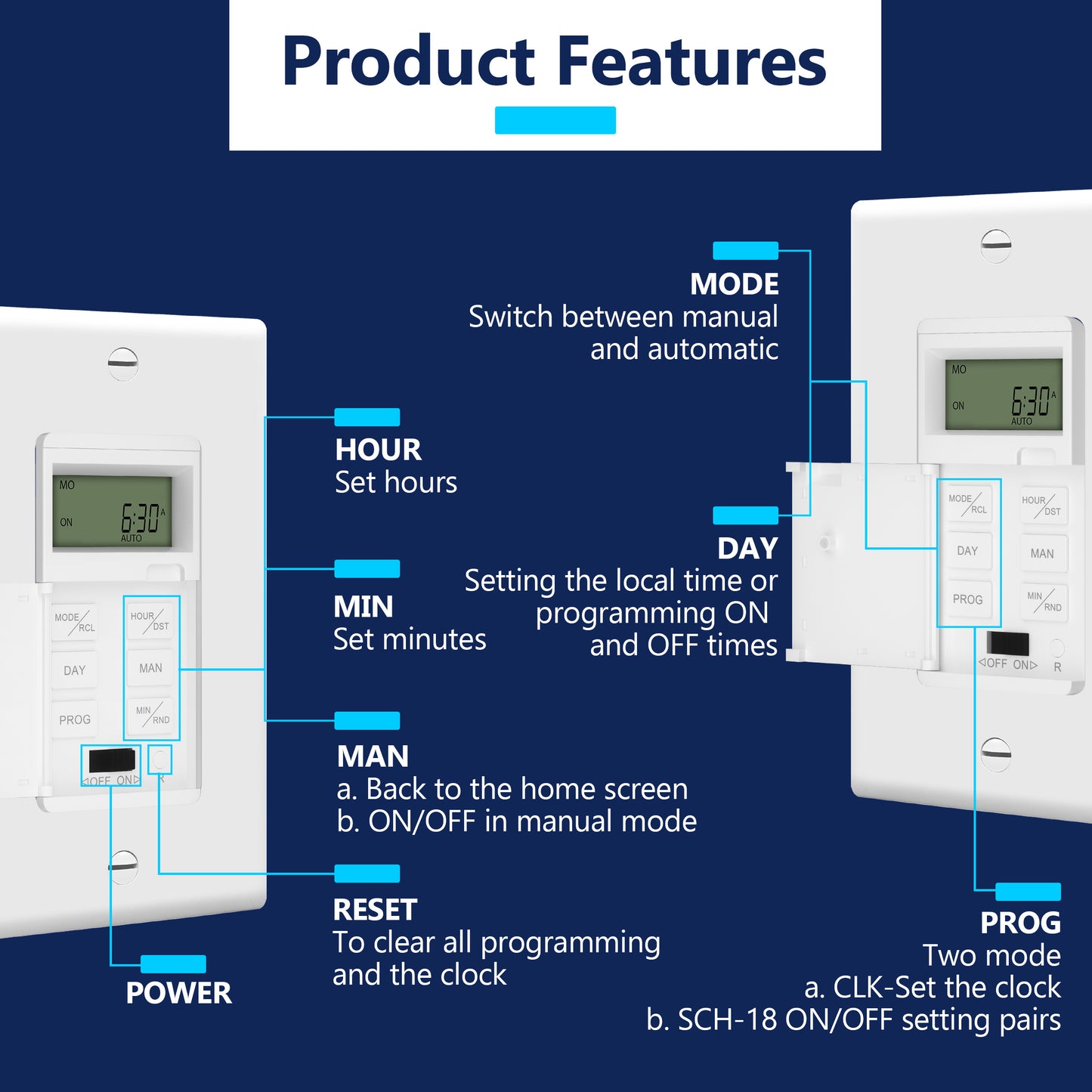 7-Day Programmable Digital Timer Switch, No Neutral Required, Ground Required, Manual Override and Random Mode, Wall Plate Included