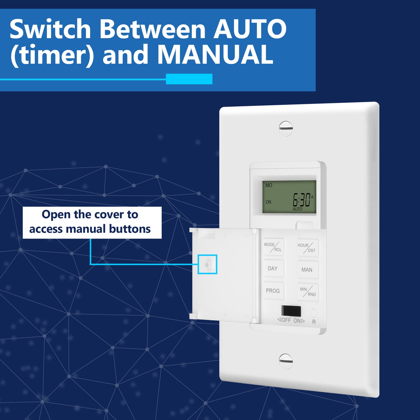 7-Day Programmable Digital Timer Switch, No Neutral Required, Ground Required, Manual Override and Random Mode, Wall Plate Included