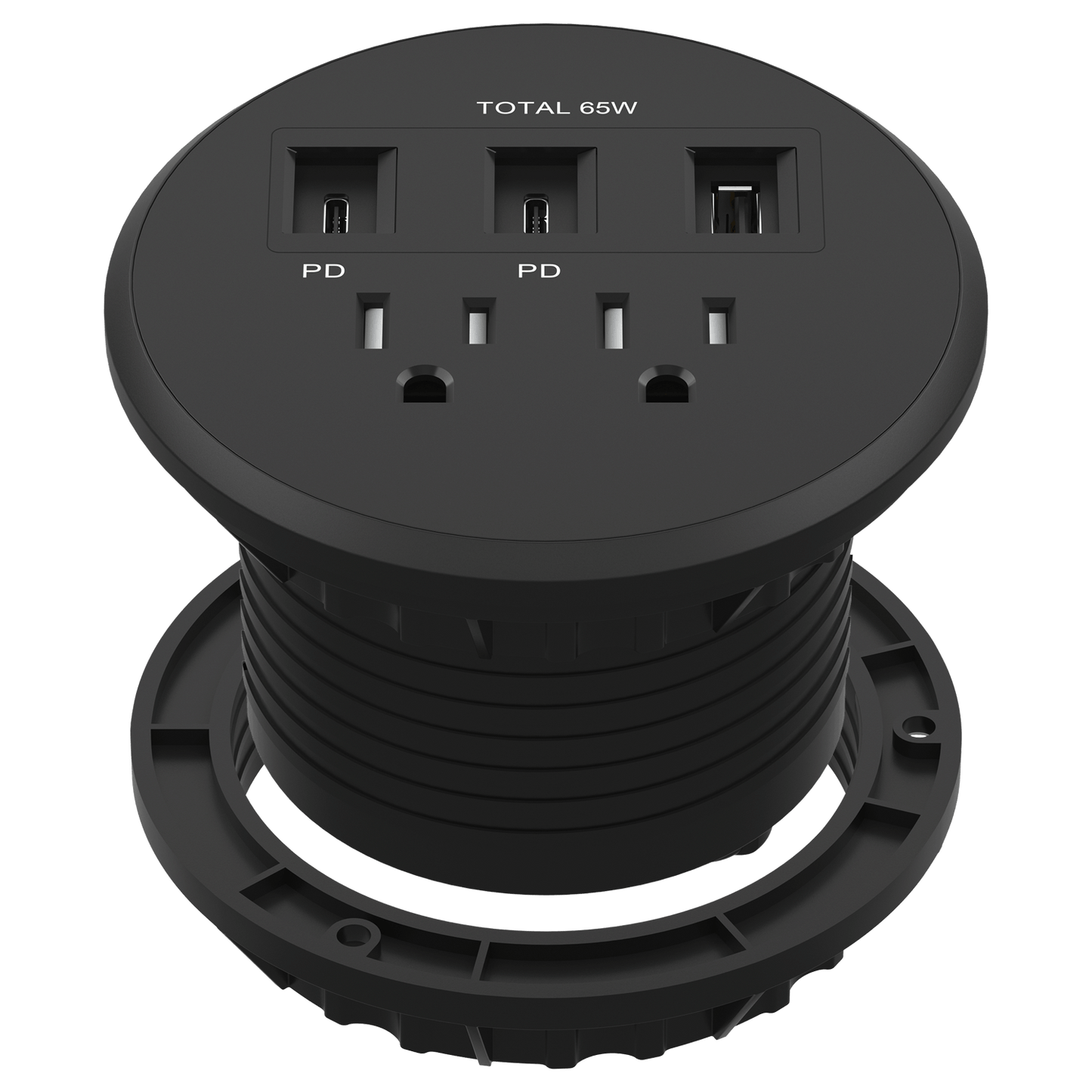 PD 65W GaN Technology Desktop Power Grommet, Power Delivery, USB-A and 2 USB-C Ports, 15A Tamper-Resistant Receptacles, Desk Charging Station, 6.5ft Cord