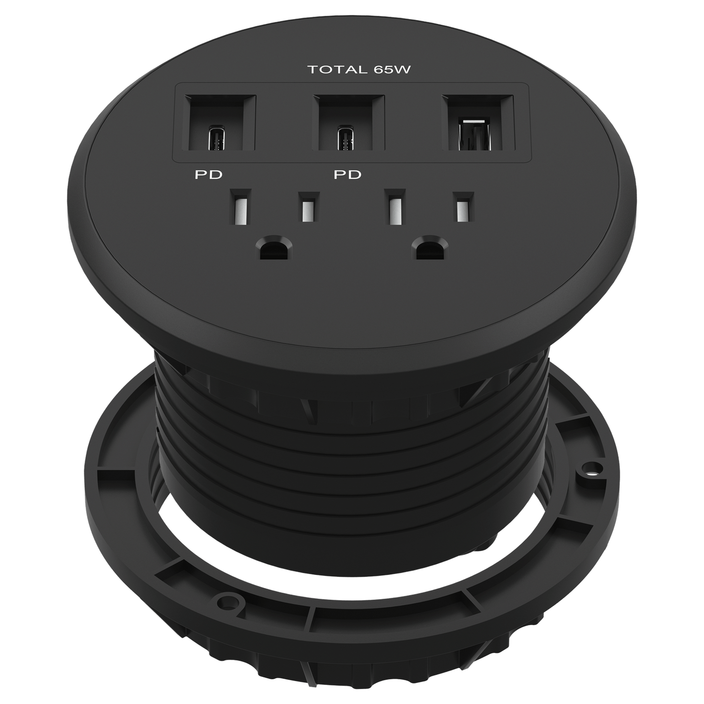 PD 65W GaN Technology Desktop Power Grommet, Power Delivery, USB-A and 2 USB-C Ports, 15A Tamper-Resistant Receptacles, Desk Charging Station, 6.5ft Cord