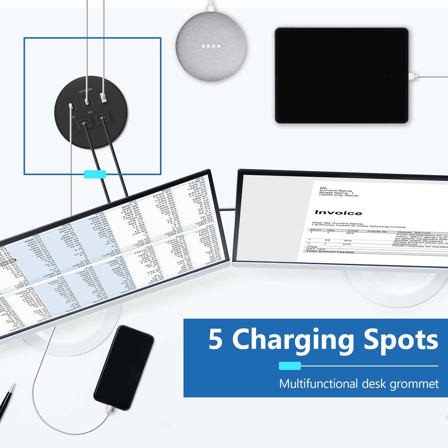 PD 65W GaN Technology Desktop Power Grommet, Power Delivery, USB-A and 2 USB-C Ports, 15A Tamper-Resistant Receptacles, Desk Charging Station, 6.5ft Cord