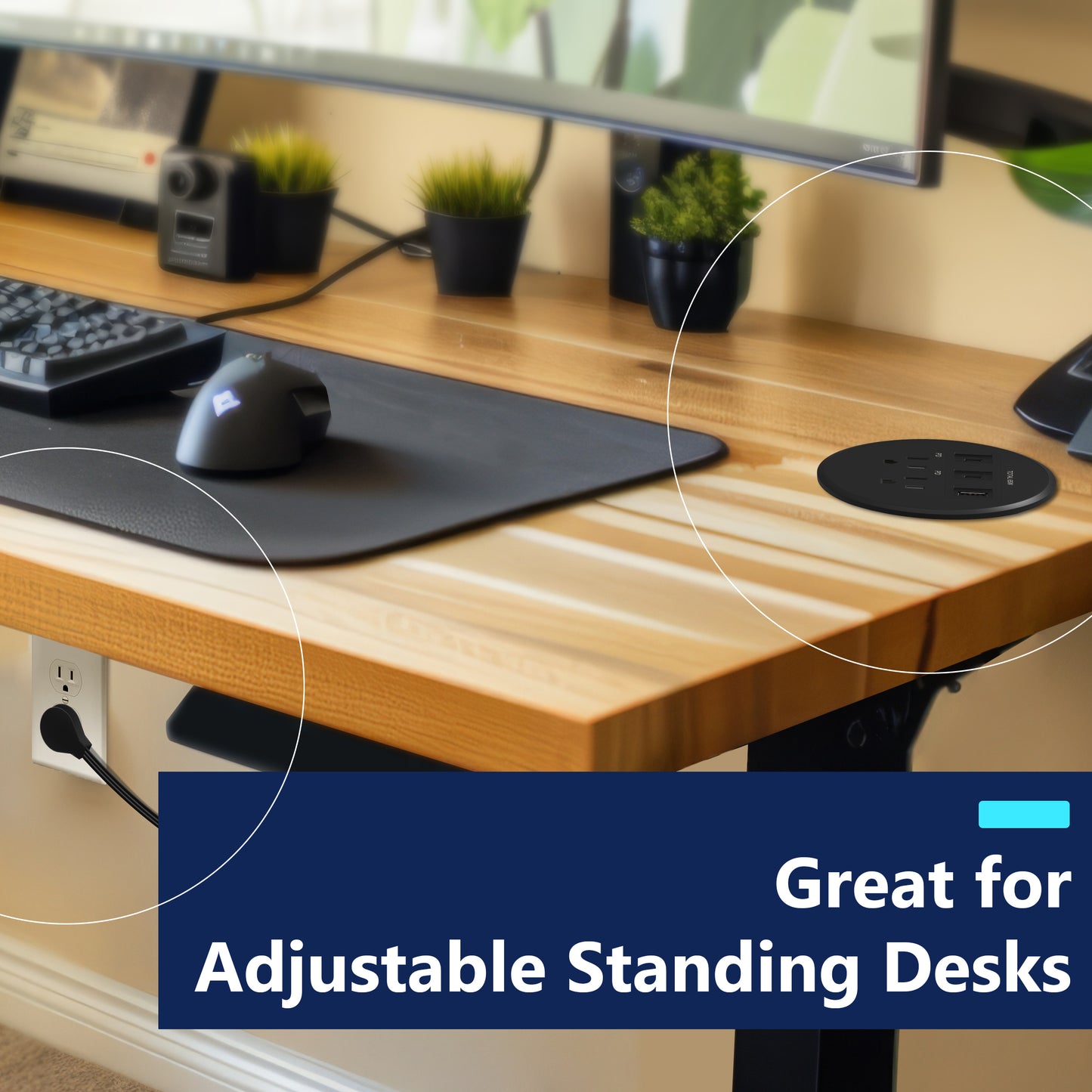 PD 65W GaN Technology Desktop Power Grommet, Power Delivery, USB-A and 2 USB-C Ports, 15A Tamper-Resistant Receptacles, Desk Charging Station, 6.5ft Cord