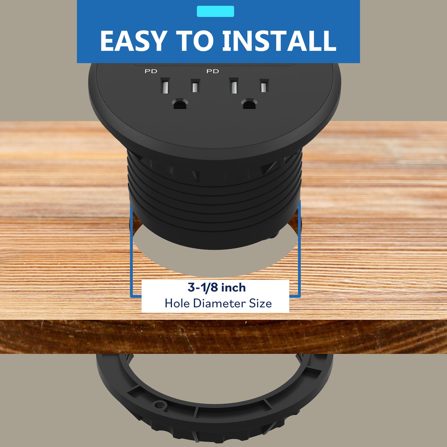 PD 65W GaN Technology Desktop Power Grommet, Power Delivery, USB-A and 2 USB-C Ports, 15A Tamper-Resistant Receptacles, Desk Charging Station, 6.5ft Cord