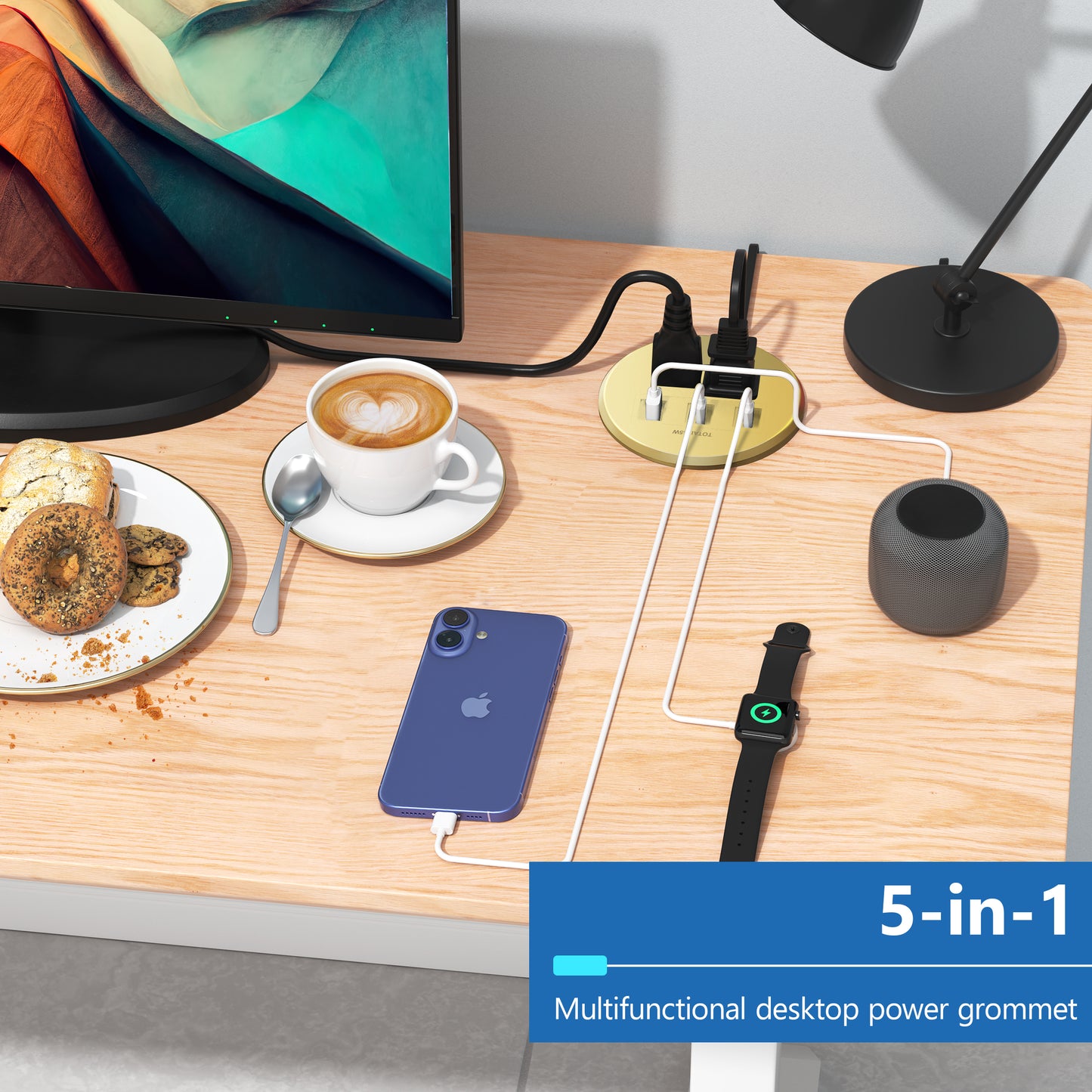 PD 65W GaN Technology Desktop Power Grommet, Power Delivery, USB-A and 2 USB-C Ports, 15A Tamper-Resistant Receptacles, Desk Charging Station, 6.5ft Cord