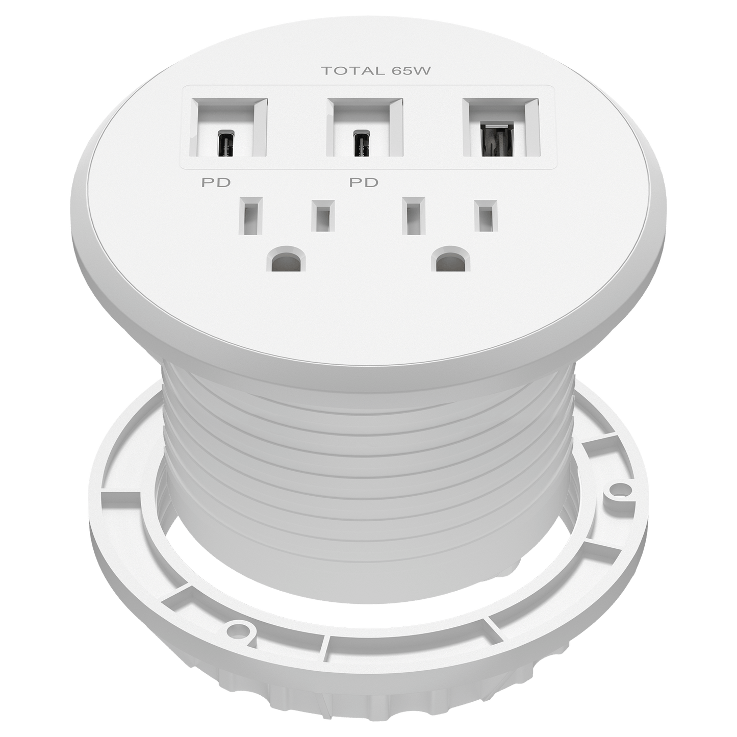 PD 65W GaN Technology Desktop Power Grommet, Power Delivery, USB-A and 2 USB-C Ports, 15A Tamper-Resistant Receptacles, Desk Charging Station, 6.5ft Cord