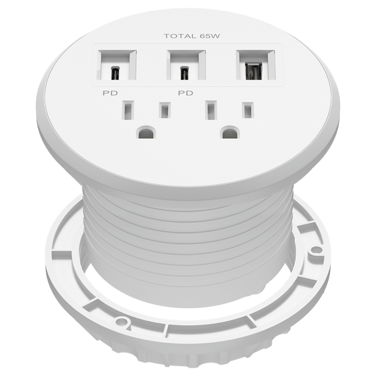 PD 65W GaN Technology Desktop Power Grommet, Power Delivery, USB-A and 2 USB-C Ports, 15A Tamper-Resistant Receptacles, Desk Charging Station, 6.5ft Cord