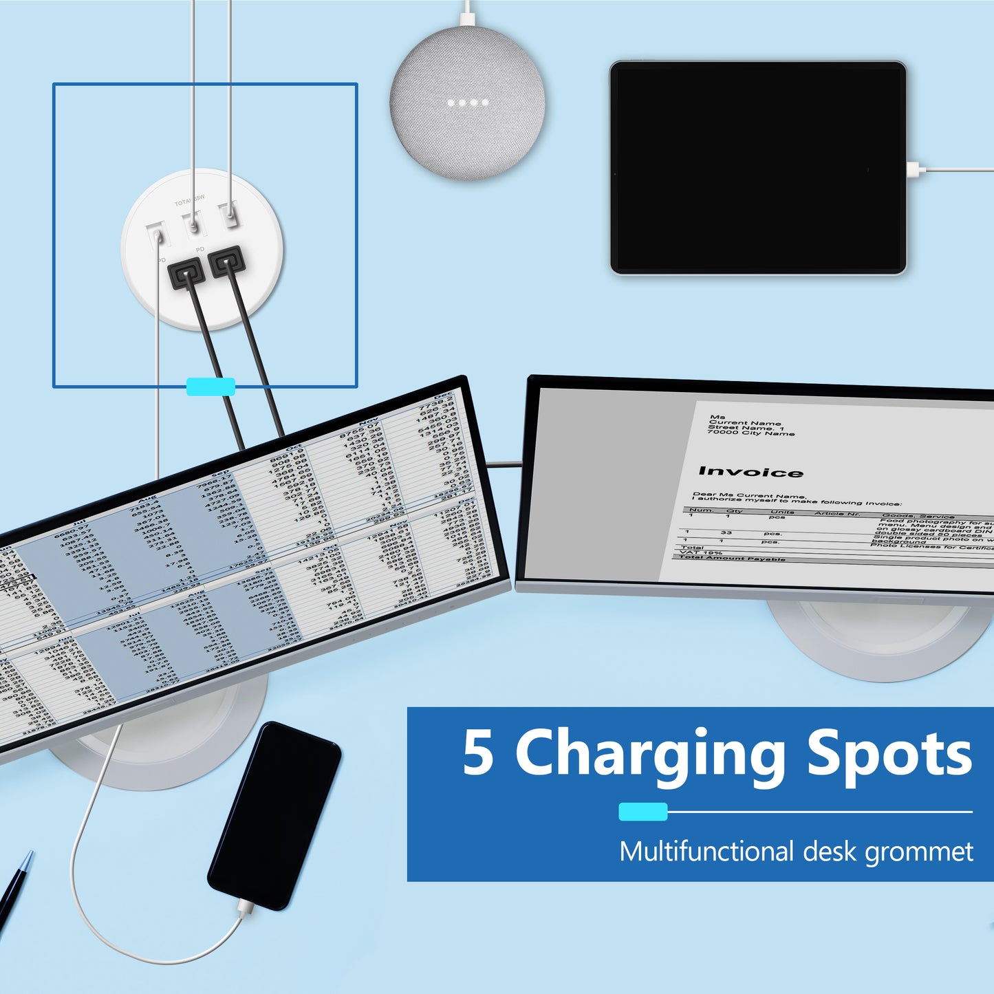 PD 65W GaN Technology Desktop Power Grommet, Power Delivery, USB-A and 2 USB-C Ports, 15A Tamper-Resistant Receptacles, Desk Charging Station, 6.5ft Cord