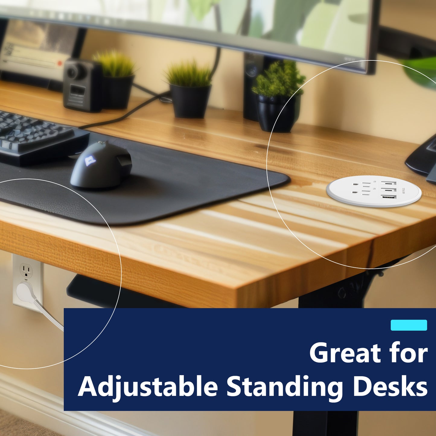 PD 65W GaN Technology Desktop Power Grommet, Power Delivery, USB-A and 2 USB-C Ports, 15A Tamper-Resistant Receptacles, Desk Charging Station, 6.5ft Cord