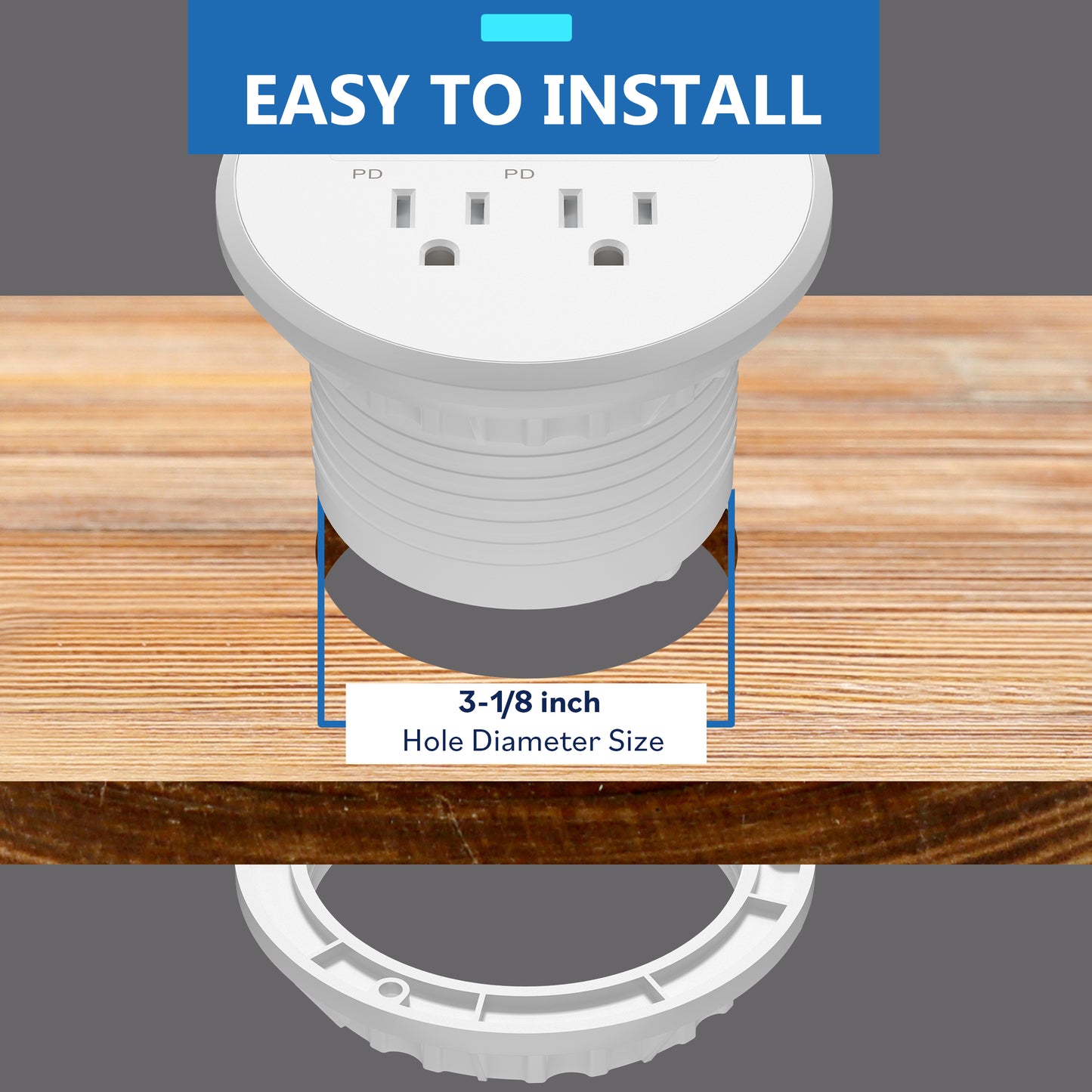 PD 65W GaN Technology Desktop Power Grommet, Power Delivery, USB-A and 2 USB-C Ports, 15A Tamper-Resistant Receptacles, Desk Charging Station, 6.5ft Cord