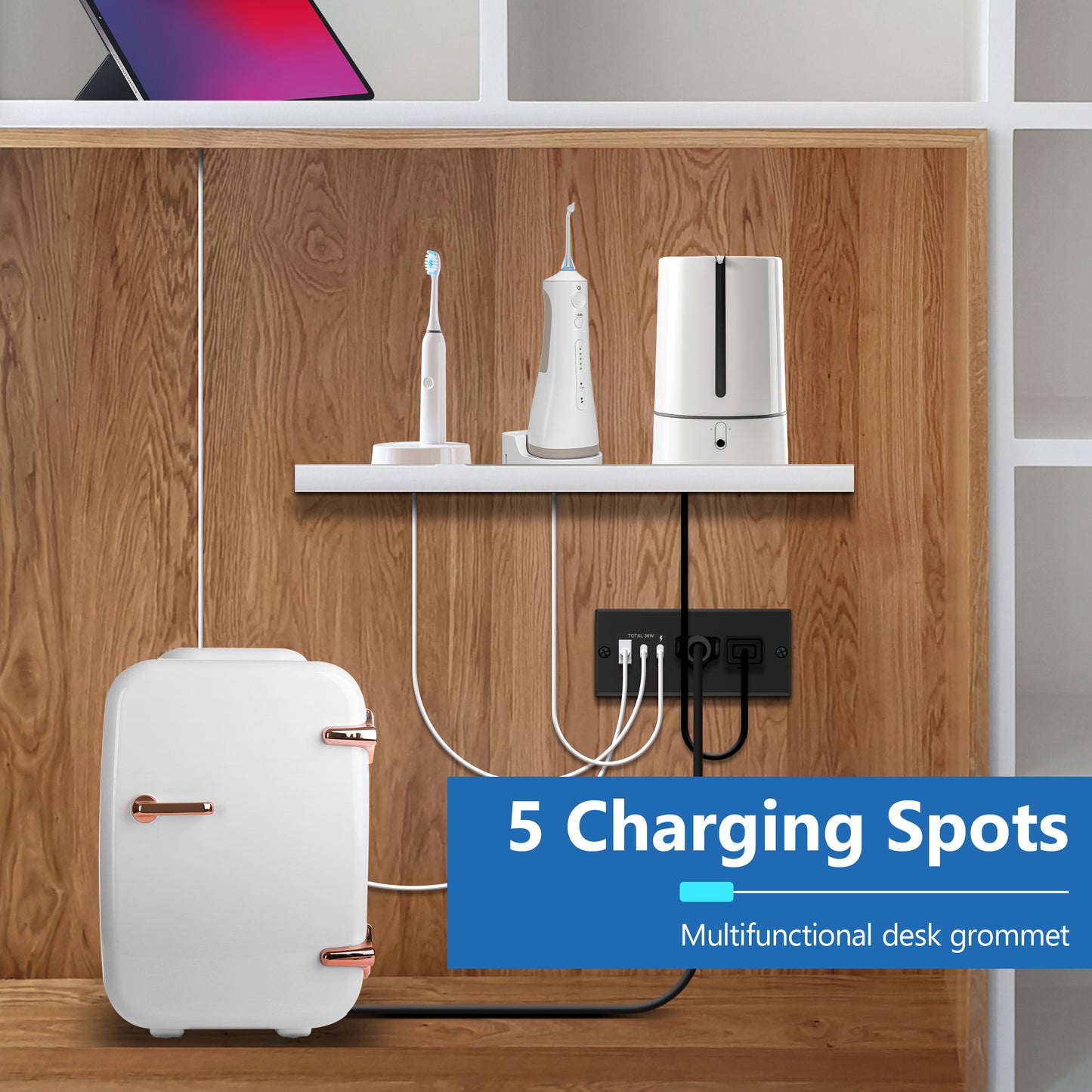 Rectangle Desktop Power Grommet with Type-A and C USB and 12A TR Receptacles, Power Delivery PD36, 1 USB-A and 2 USB-C Ports (Max 30W), Desk Charging Station, 6.5ft Cord