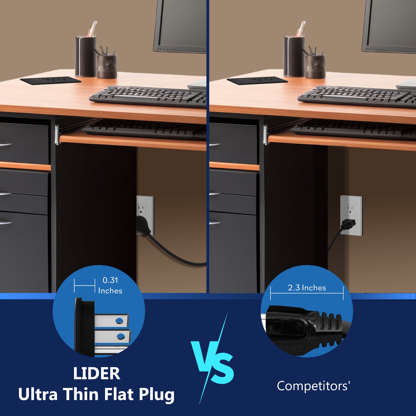 Rectangle Desktop Power Grommet with Type-A and C USB and 12A TR Receptacles, Power Delivery PD36, 1 USB-A and 2 USB-C Ports (Max 30W), Desk Charging Station, 6.5ft Cord