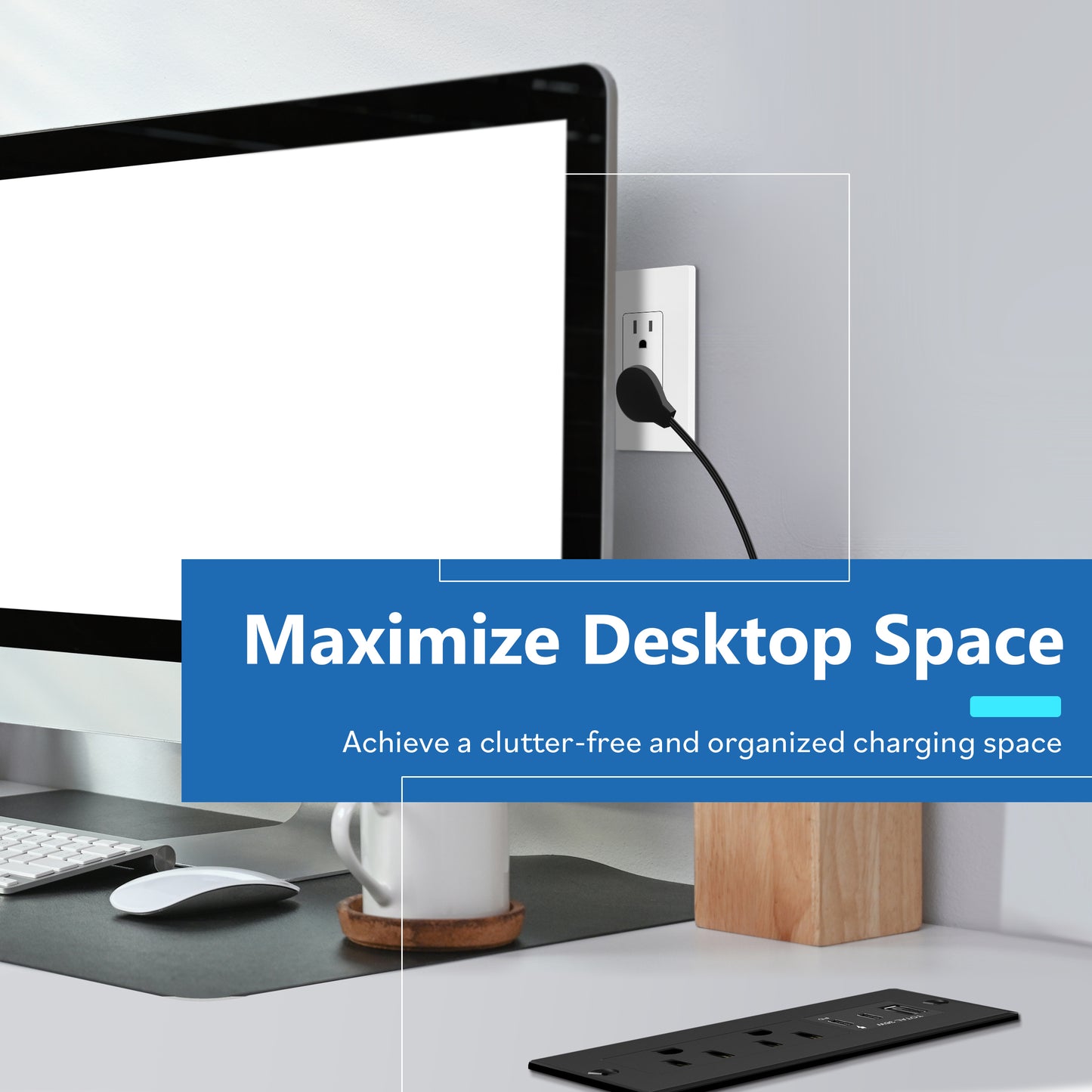 Rectangle Desktop Power Grommet with Type-A and C USB and 12A TR Receptacles, Power Delivery PD36, 1 USB-A and 2 USB-C Ports (Max 30W), Desk Charging Station, 6.5ft Cord