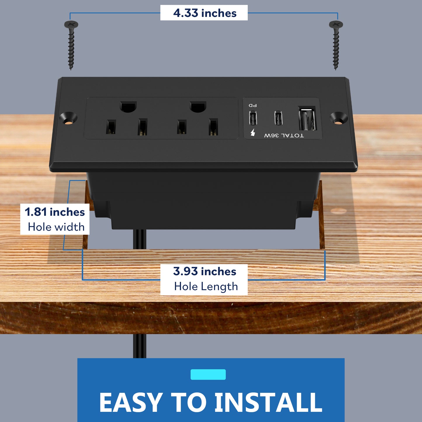 Rectangle Desktop Power Grommet with Type-A and C USB and 12A TR Receptacles, Power Delivery PD36, 1 USB-A and 2 USB-C Ports (Max 30W), Desk Charging Station, 6.5ft Cord