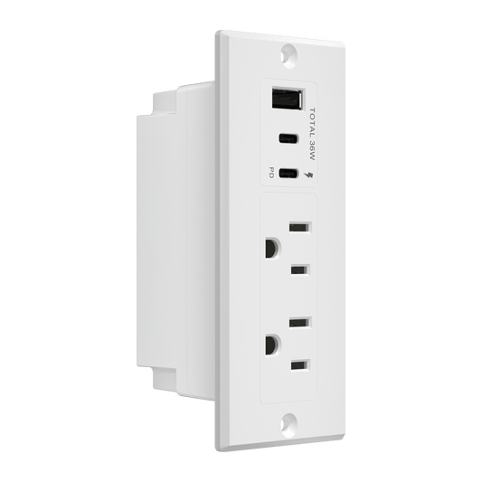 Rectangle Desktop Power Grommet with Type-A and C USB and 12A TR Receptacles, Power Delivery PD36, 1 USB-A and 2 USB-C Ports (Max 30W), Desk Charging Station, 6.5ft Cord