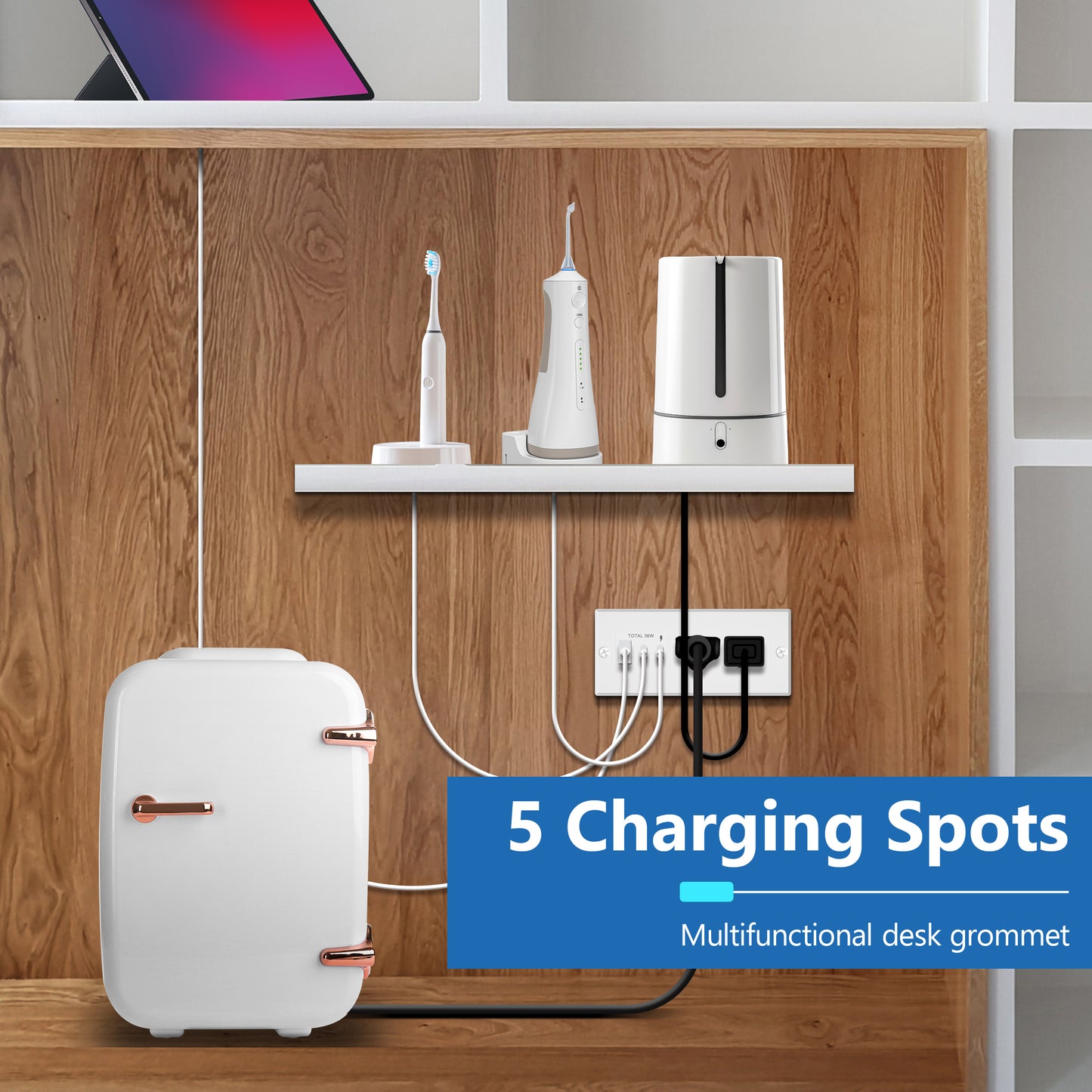 Rectangle Desktop Power Grommet with Type-A and C USB and 12A TR Receptacles, Power Delivery PD36, 1 USB-A and 2 USB-C Ports (Max 30W), Desk Charging Station, 6.5ft Cord
