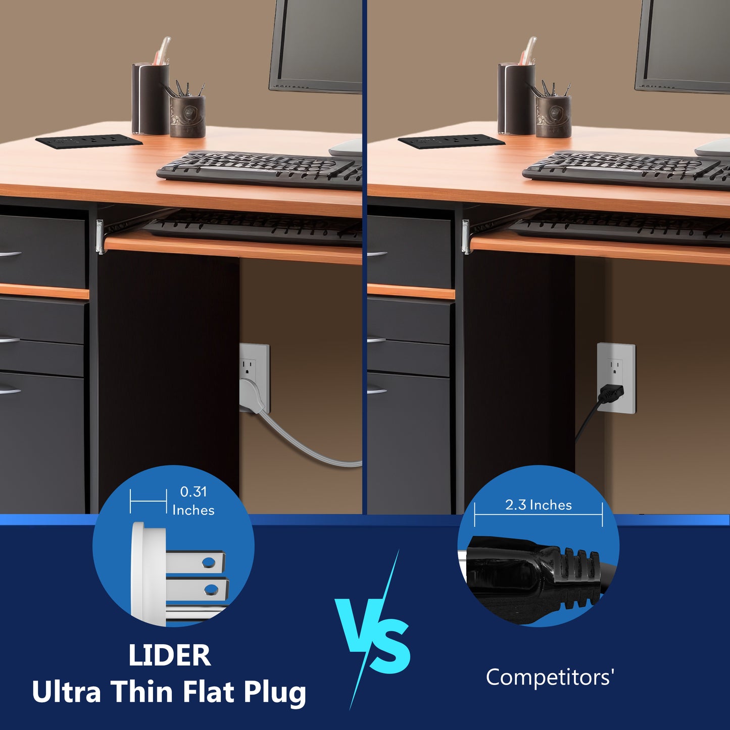 Rectangle Desktop Power Grommet with Type-A and C USB and 12A TR Receptacles, Power Delivery PD36, 1 USB-A and 2 USB-C Ports (Max 30W), Desk Charging Station, 6.5ft Cord