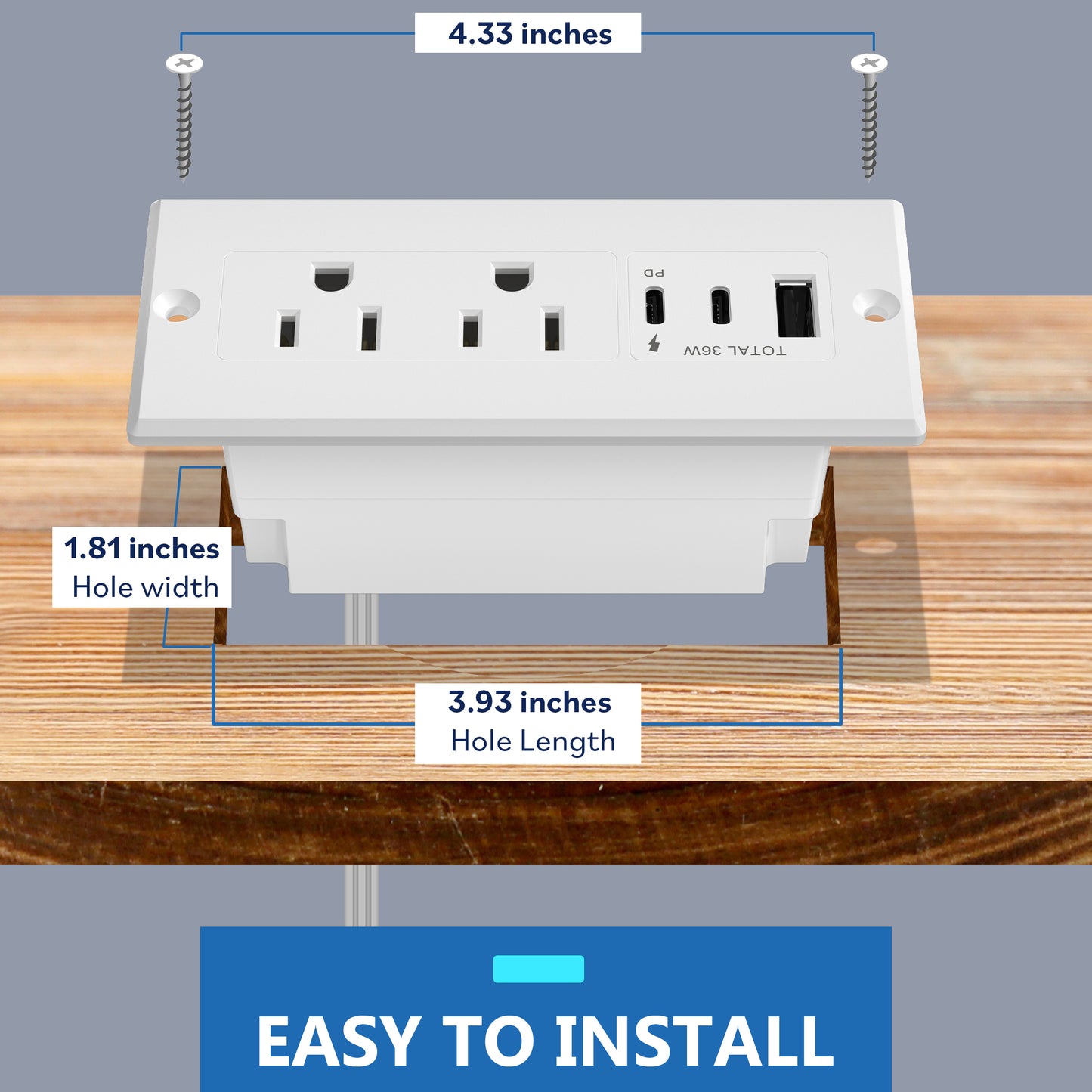 Rectangle Desktop Power Grommet with Type-A and C USB and 12A TR Receptacles, Power Delivery PD36, 1 USB-A and 2 USB-C Ports (Max 30W), Desk Charging Station, 6.5ft Cord