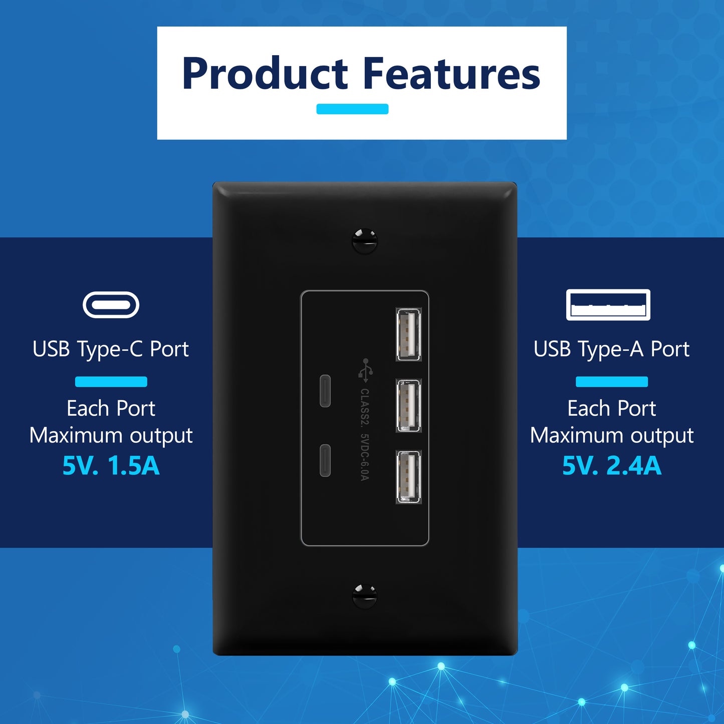USB Outlet, 6.0A 30W USB A&C in-Wall Charger, 3 USB Type-A and 2 USB Type-C Charging Ports, Interchangeable Face Cover, Wall Plate Included