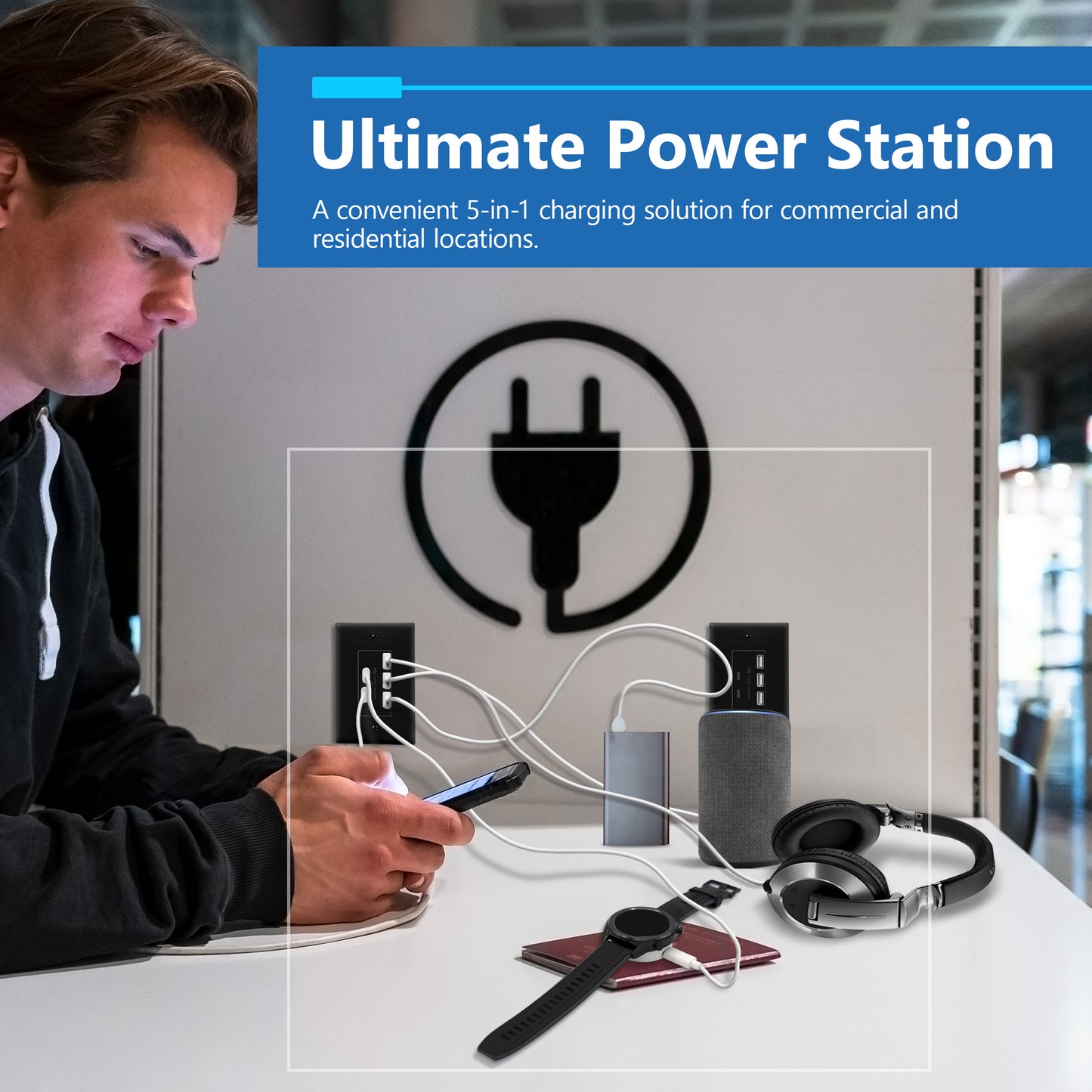 USB Outlet, 6.0A 30W USB A&C in-Wall Charger, 3 USB Type-A and 2 USB Type-C Charging Ports, Interchangeable Face Cover, Wall Plate Included