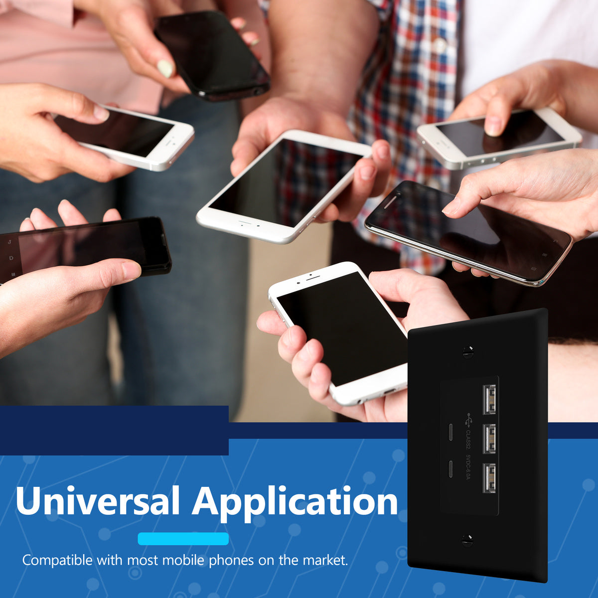 USB Outlet, 6.0A 30W USB A&C in-Wall Charger, 3 USB Type-A and 2 USB Type-C Charging Ports, Interchangeable Face Cover, Wall Plate Included