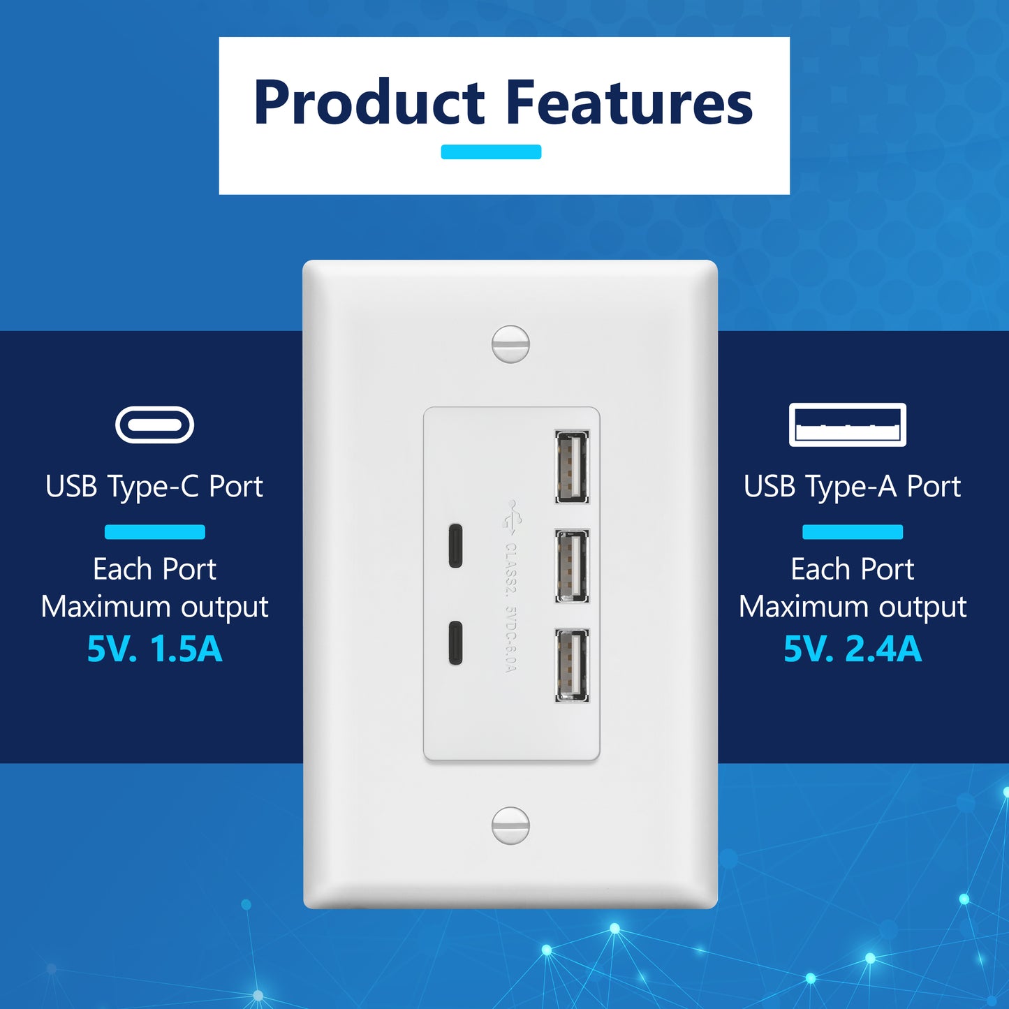 USB Outlet, 6.0A 30W USB A&C in-Wall Charger, 3 USB Type-A and 2 USB Type-C Charging Ports, Interchangeable Face Cover, Wall Plate Included