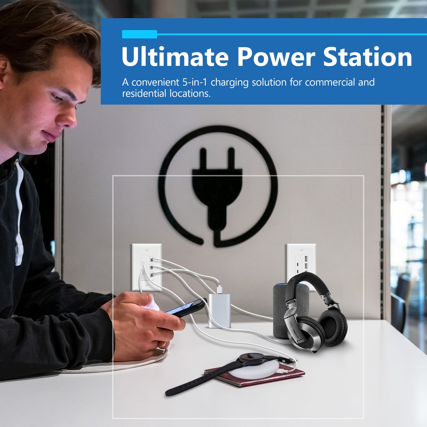 USB Outlet, 6.0A 30W USB A&C in-Wall Charger, 3 USB Type-A and 2 USB Type-C Charging Ports, Interchangeable Face Cover, Wall Plate Included