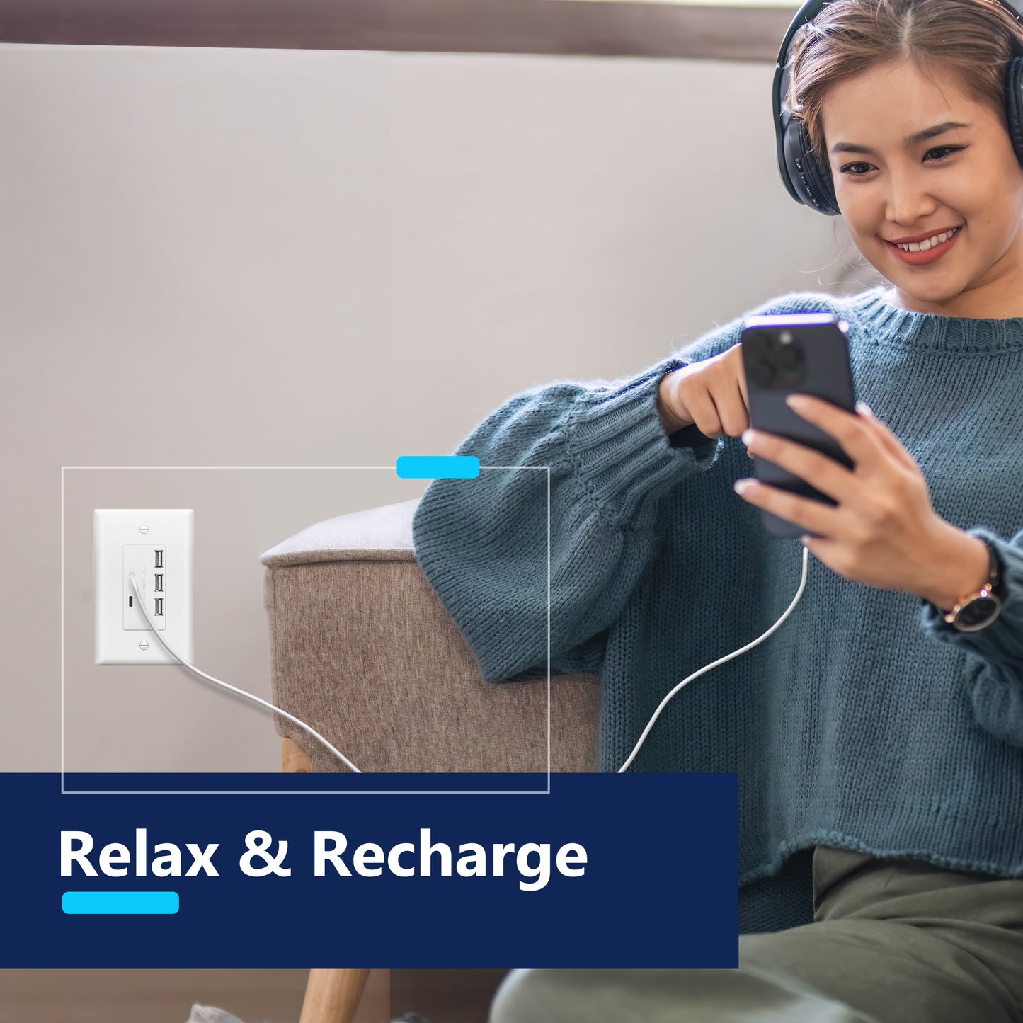 USB Outlet, 6.0A 30W USB A&C in-Wall Charger, 3 USB Type-A and 2 USB Type-C Charging Ports, Interchangeable Face Cover, Wall Plate Included