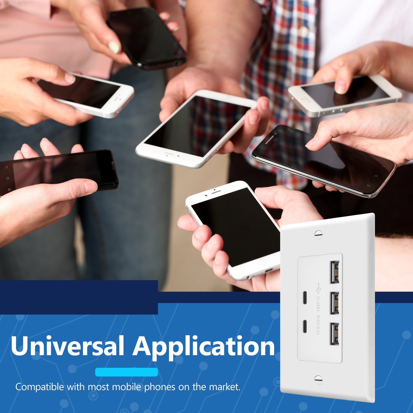 USB Outlet, 6.0A 30W USB A&C in-Wall Charger, 3 USB Type-A and 2 USB Type-C Charging Ports, Interchangeable Face Cover, Wall Plate Included