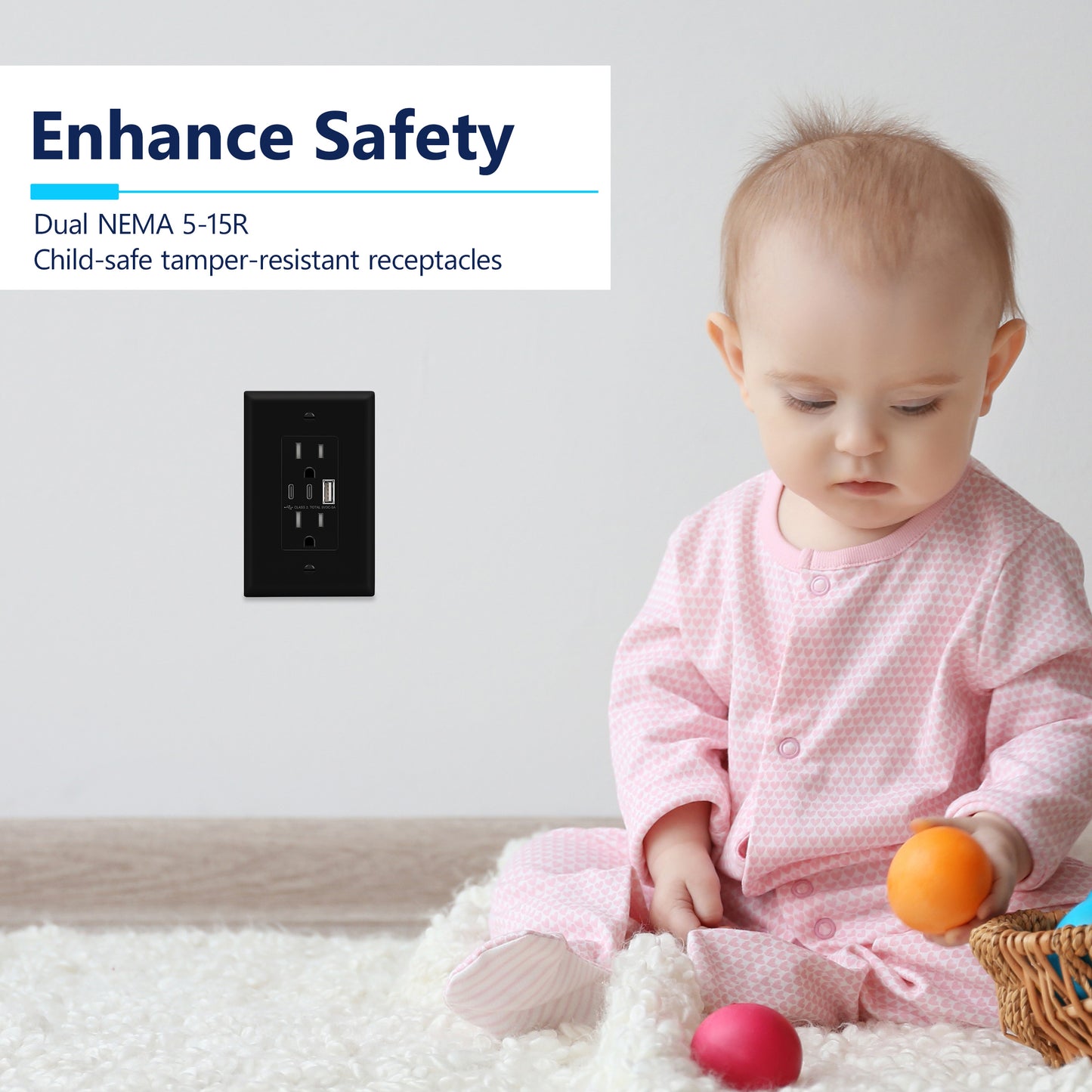 USB Type-A and Type-C charger with 15A Tamper-Resistant Receptacles, Duplex Receptacle with 1 USB Type-A and 2 USB Type-C Charging Ports, Interchangeable Face Cover, Wall Plate Included